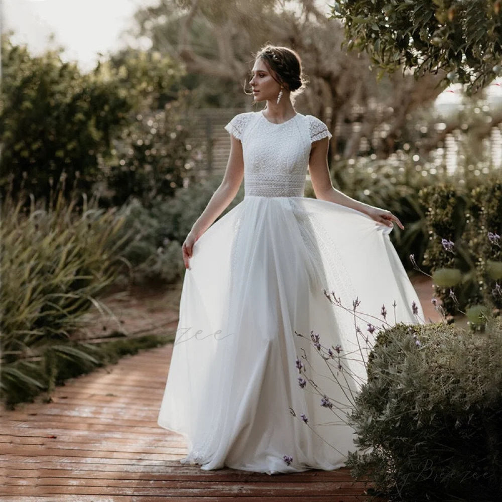 Short Sleeve A-Line Chiffon Marriage Dress off white / 2 weddingdress-250223