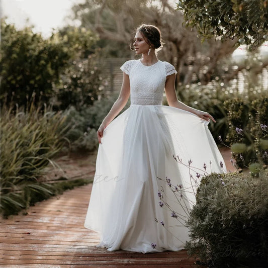 Short Sleeve A-Line Chiffon Marriage Dress off white / 2 weddingdress-250223