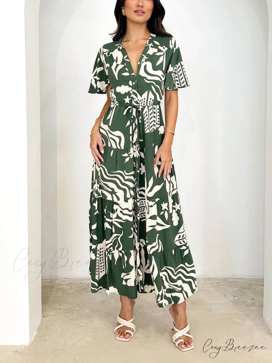 Short Sleeve Resort Charming Print Midi Dress Green / S