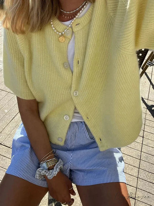 Short Sleeve Round Neck Button-Down Cardigan cardigans-241228