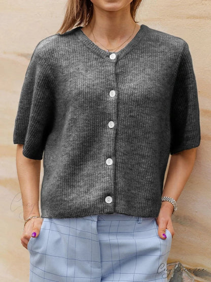 Short Sleeve Round Neck Button-Down Cardigan grey / S cardigans-241228