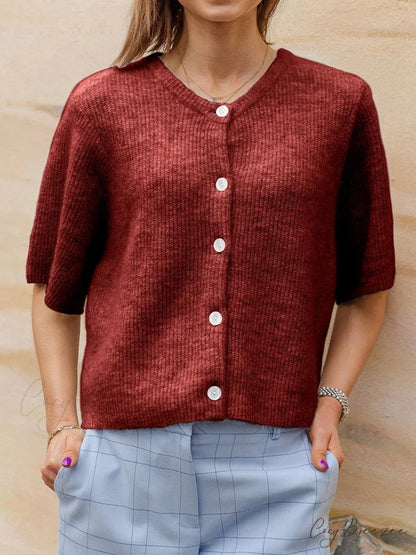 Short Sleeve Round Neck Button-Down Cardigan wine red / S cardigans-241228