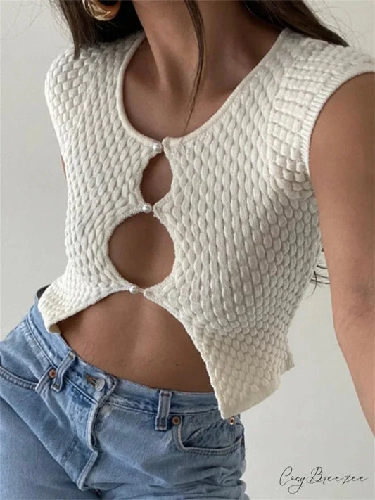 Short Sleeve Ruched O-Neck Buttons Up Y2K Knitted Crop T-shirts Beige / S