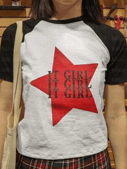 Cosybreezee - Trendy Printed Crop Top with Short Sleeves and Slogan