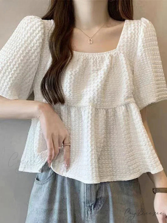 Short Sleeve Textured Pleated Summery Blouse WHITE / S blouse-250126