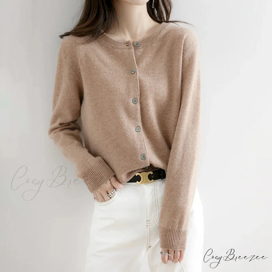 Short Slim O-Neck Single Breasted Gold Camel Knit Cardigan Gold / S cardiagn-250126
