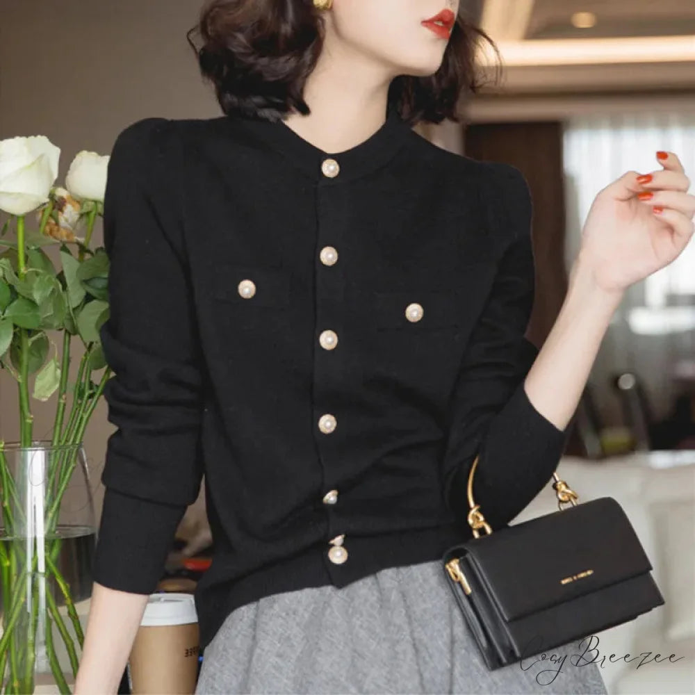 Short Slim Single Breasted Knit Cardigan Black / One Size