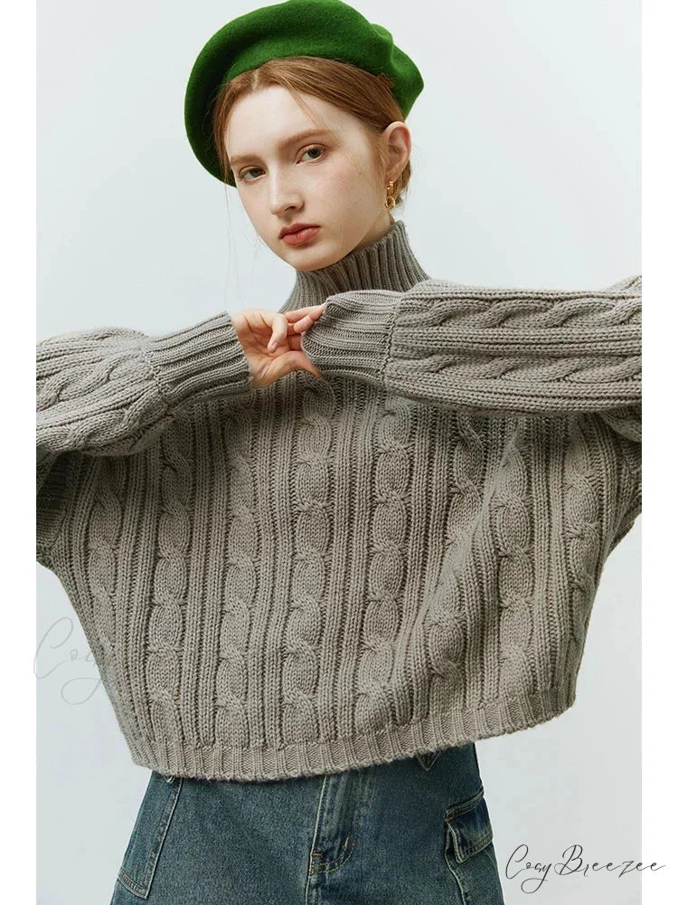 Short Twist Turtleneck Cozy Pullover Sweater Khaki / S swraters-241228