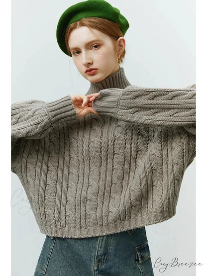 Short Twist Turtleneck Cozy Pullover Sweater Khaki / S swraters-241228