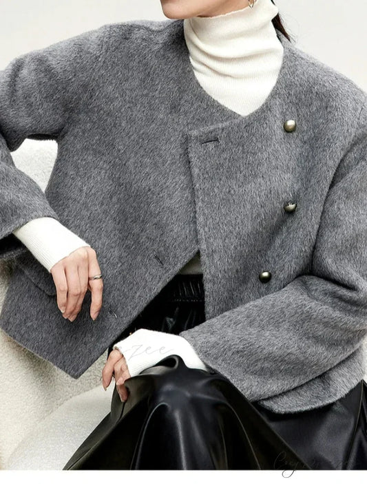Short Wool Crew Neck Single-Breasted Coat Grey / S overcoats-241228