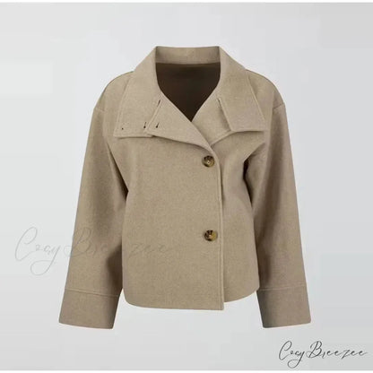 Short Woolen Relaxed Lapel Coat Khaki / S overcoats-241228
