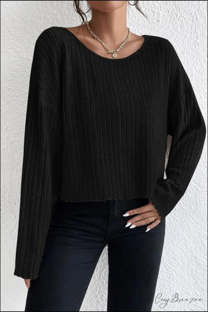 Shoulder Round Ribbed Neck Arm Long Drop Shirt