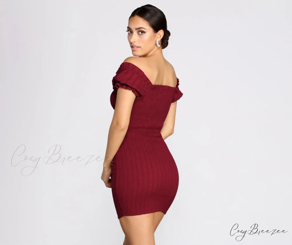 Show ’Em Off Charming Shoulder Smocked Mini Dress