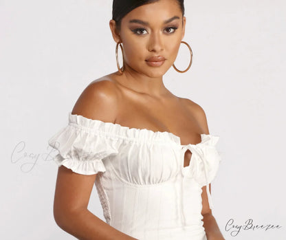 Show ’Em Off Charming Shoulder Smocked Mini Dress