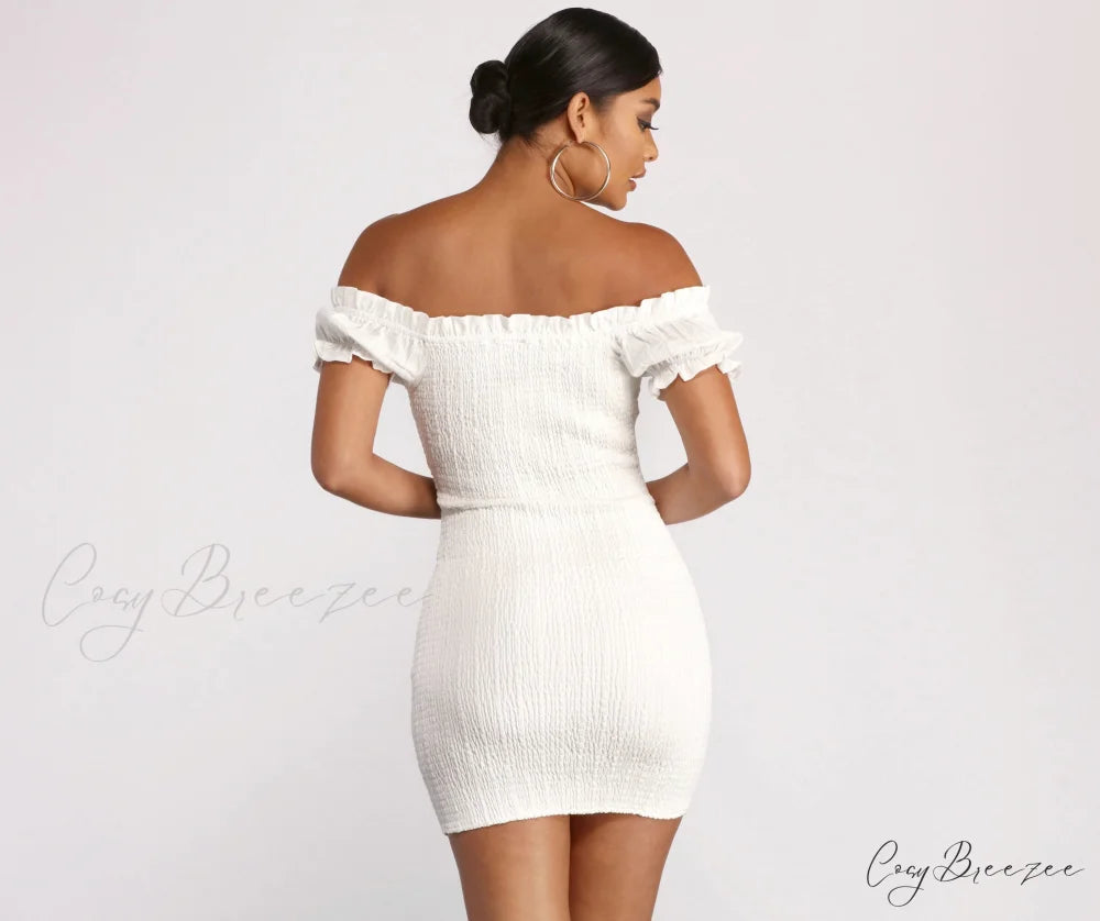 Show ’Em Off Charming Shoulder Smocked Mini Dress