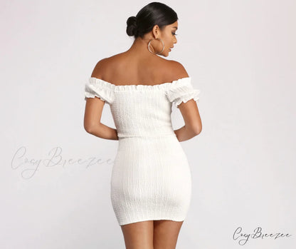 Show ’Em Off Charming Shoulder Smocked Mini Dress