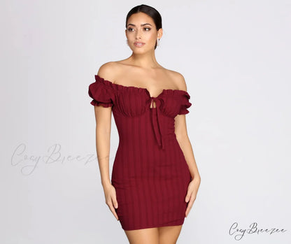 Show ’Em Off Charming Shoulder Smocked Mini Dress BURGUNDY / XS