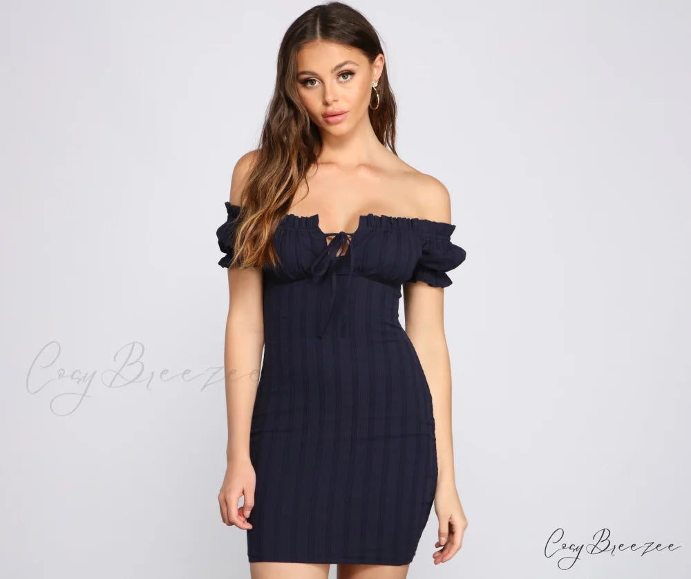 Show ’Em Off Charming Shoulder Smocked Mini Dress NAVY / XS