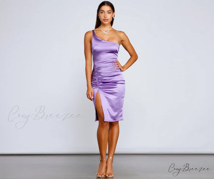 Show Up Satin Charming One Shoulder Midi Dress