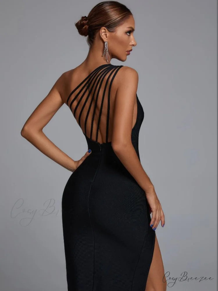 Show Up Satin Charming One Shoulder Midi Dress BLACK / XS