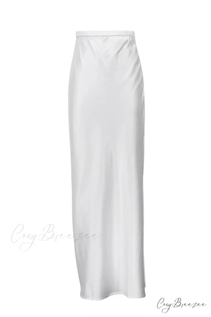 Side Skirt with High Full-Length and White Slit Waist White / M