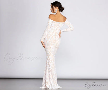 Sierra Sequin Off Charming The Shoulder Formal Dress