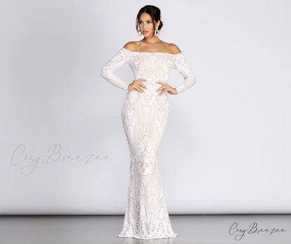 Sierra Sequin Off Charming The Shoulder Formal Dress WHITE / XS