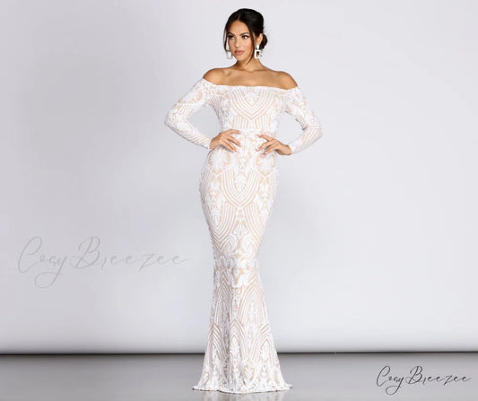 Sierra Sequin Off Charming The Shoulder Formal Dress WHITE / XS