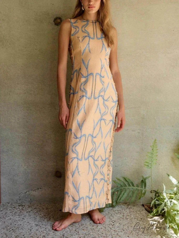 Signature Printed Hoop-Embellished Charming Sleeveless Midi Dress Orange / S
