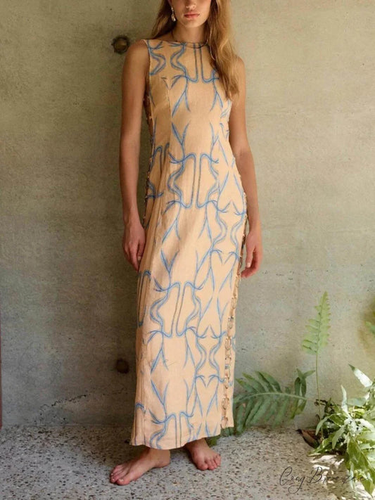 Signature Printed Hoop-Embellished Charming Sleeveless Midi Dress Orange / S