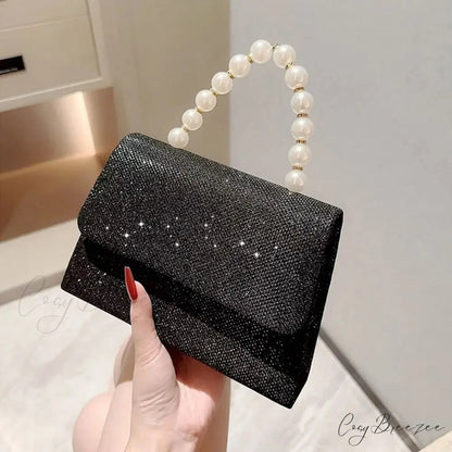 Silk Evening Clutch Gold Pearl Chain Bag Black clutchbag-250126