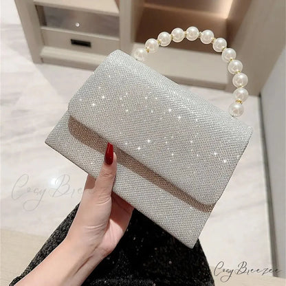 Silk Evening Clutch Gold Pearl Chain Bag silver clutchbag-250126