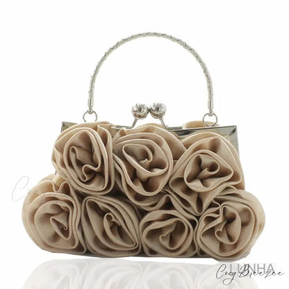 Silk Rose Flower Frame Dinner Clutch Bag Champagne clutchbag-250126