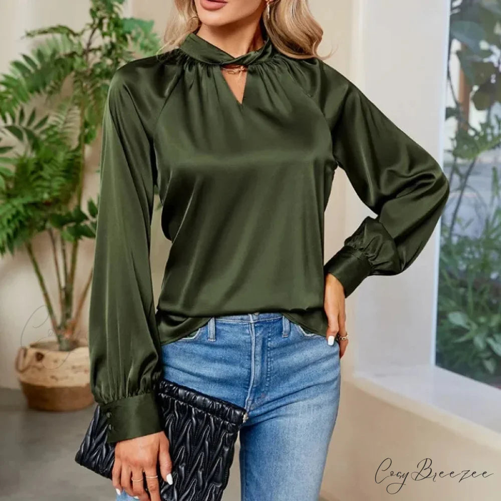 Silk Y2K White V-neck Long Sleeve Crop Top army green / S blouse-250126