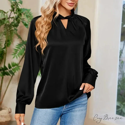 Silk Y2K White V-neck Long Sleeve Crop Top Black / S blouse-250126