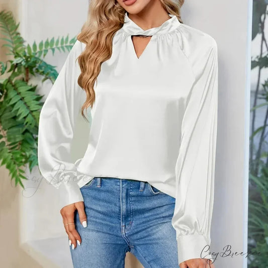 Silk Y2K White V-neck Long Sleeve Crop Top blouse-250126