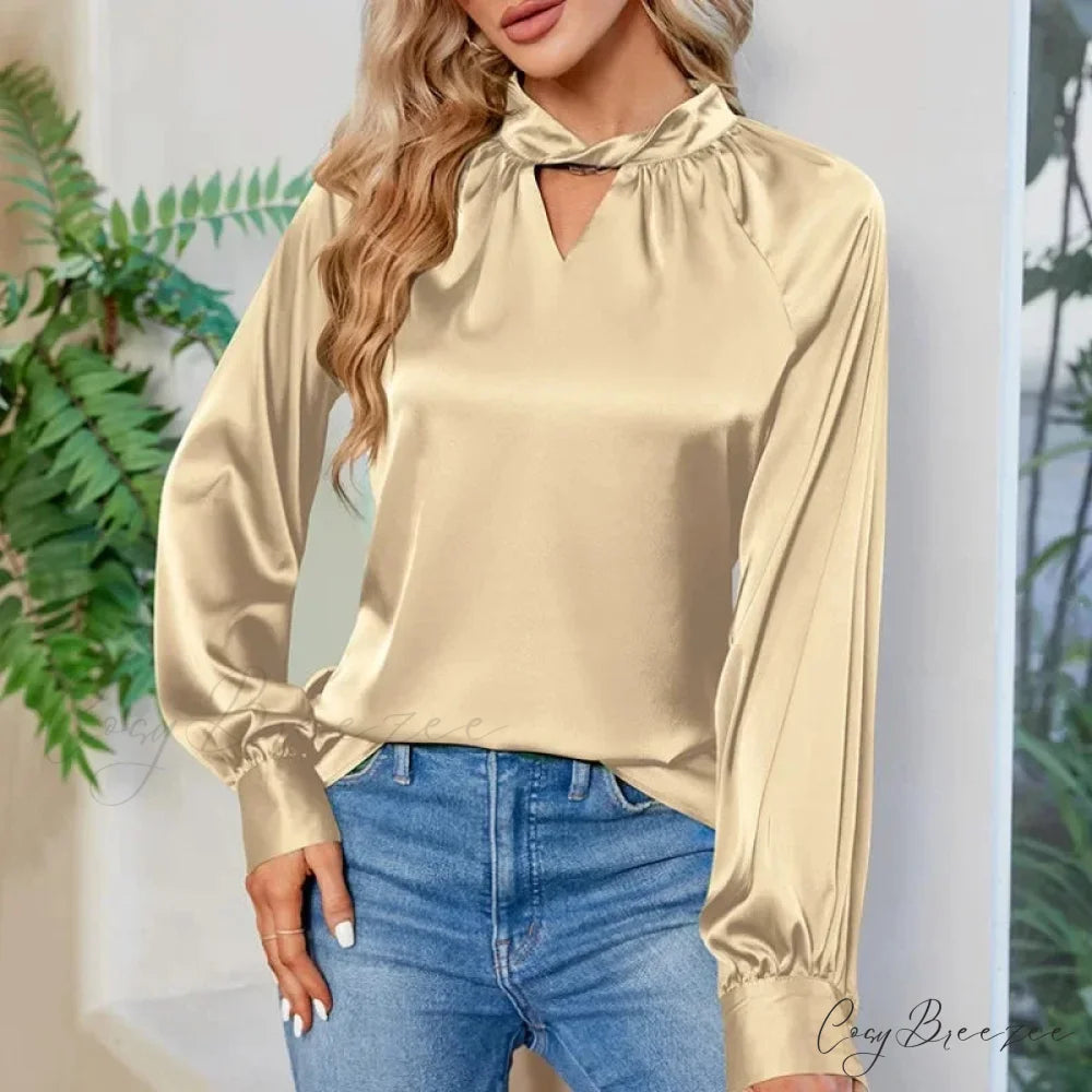 Silk Y2K White V-neck Long Sleeve Crop Top Champagne / S blouse-250126