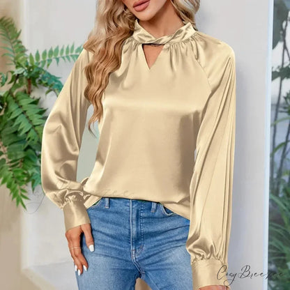 Silk Y2K White V-neck Long Sleeve Crop Top Champagne / S blouse-250126