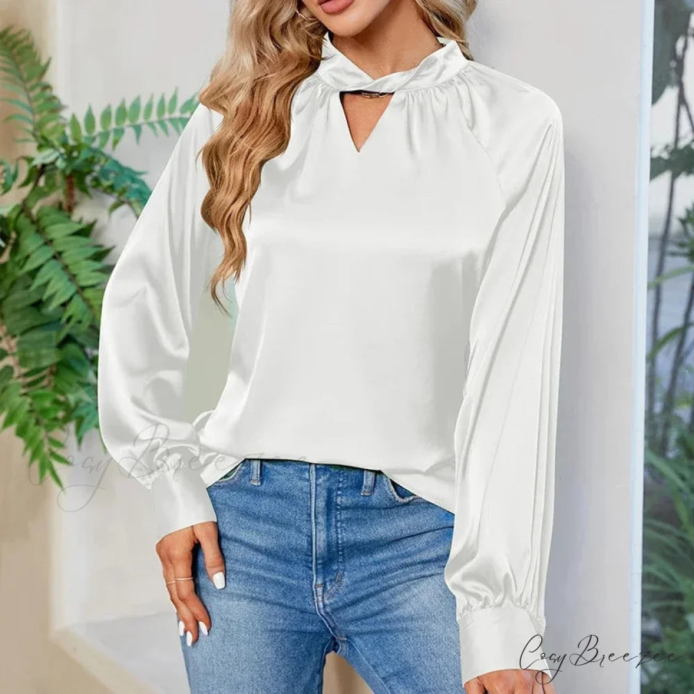 Silk Y2K White V-neck Long Sleeve Crop Top WHITE / S blouse-250126