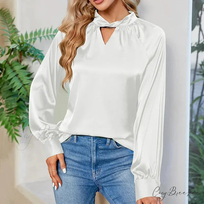 Silk Y2K White V-neck Long Sleeve Crop Top WHITE / S blouse-250126