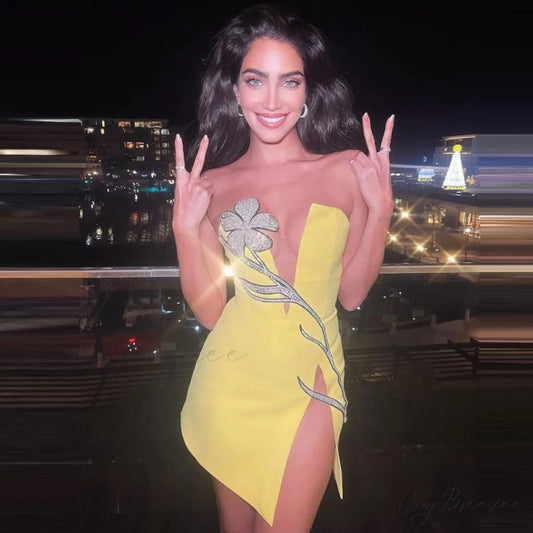 Silky Glitter Butterfly Bandage Formal Dress yellow / XS promdress-250223