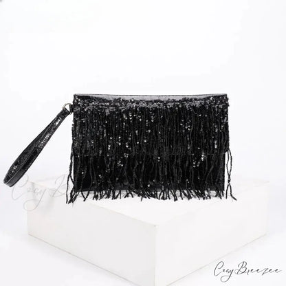 Silver Sequin Rhinestone Evening Clutch Black wristlet-250126