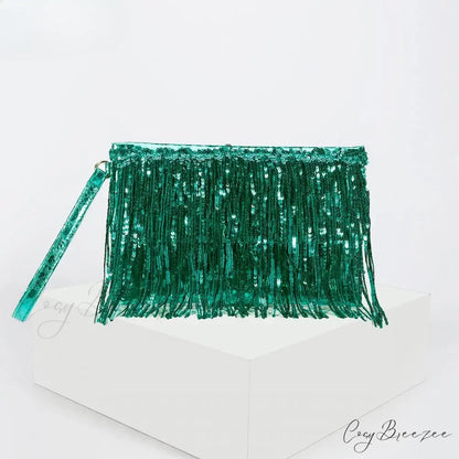 Silver Sequin Rhinestone Evening Clutch Green wristlet-250126