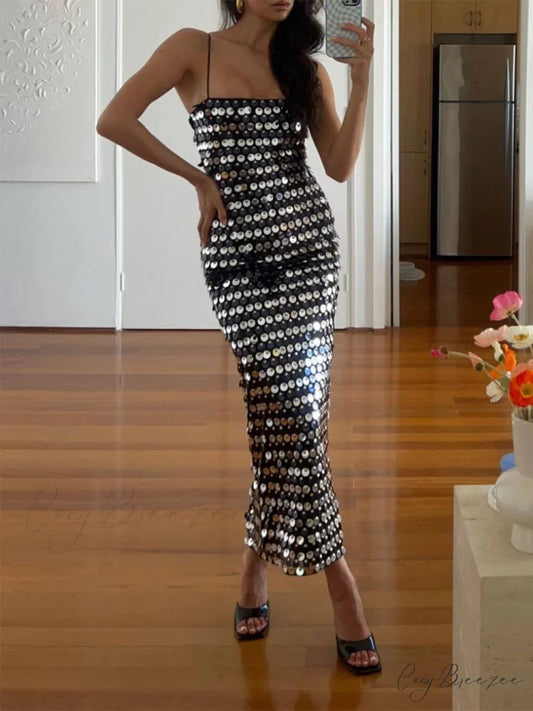 Silver Sequin Stylish Strap Midi Dress Silver / S