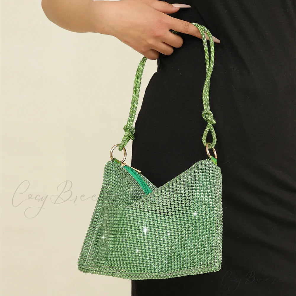Silver Shiny Rhinestone Underarm Clutch Green clutchbag-250126