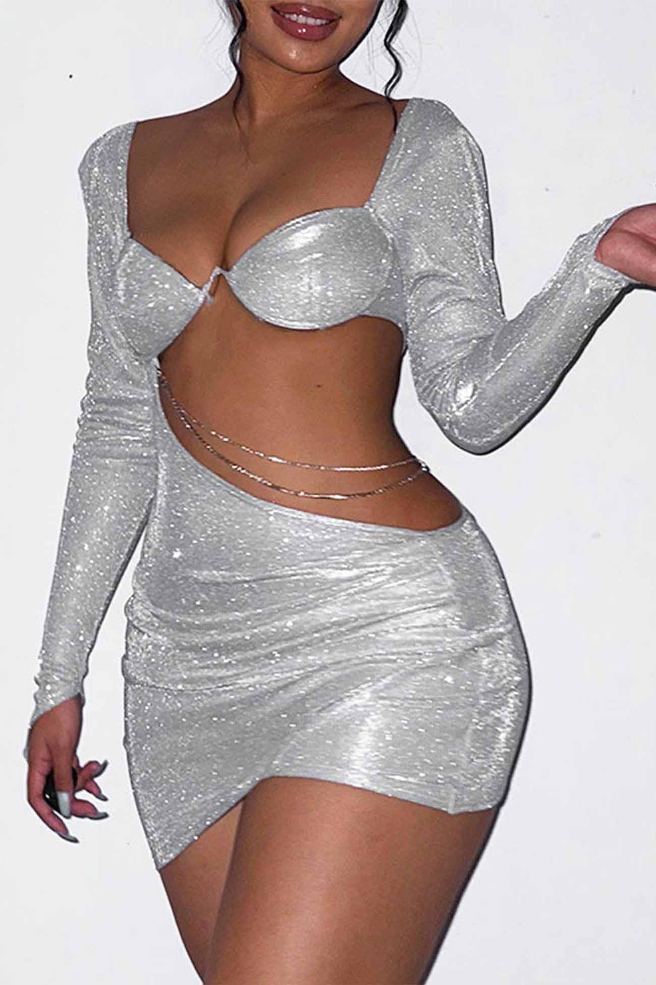 Glitter Chain Long Sleeve Ruched Mini Dress