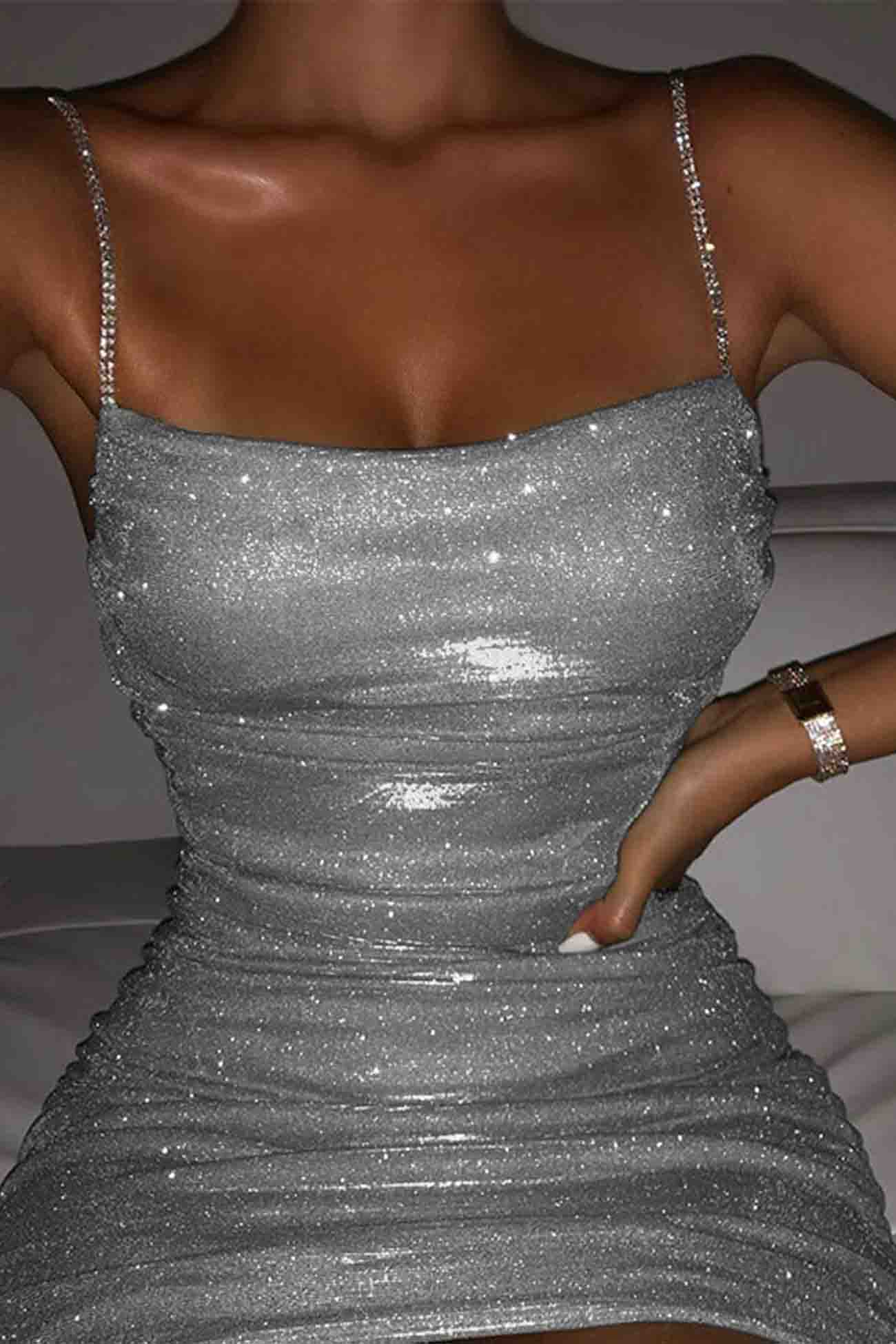 Rhinestone Ruched Chain Cami Dress