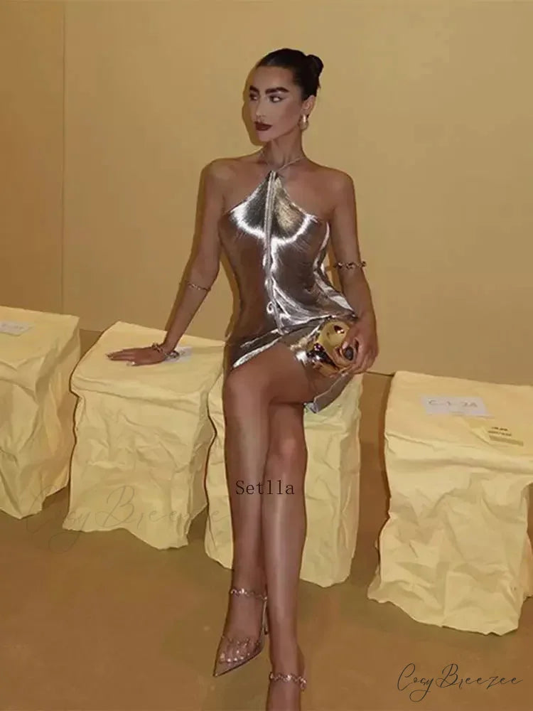 Silvery Off Shoulder Sleeveless Evening Party Mini Dress