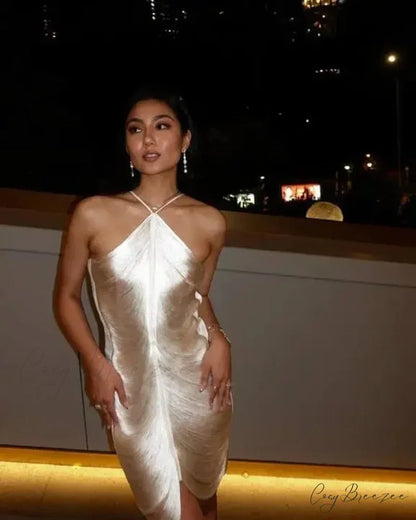 Silvery Off Shoulder Sleeveless Evening Party Mini Dress White / S