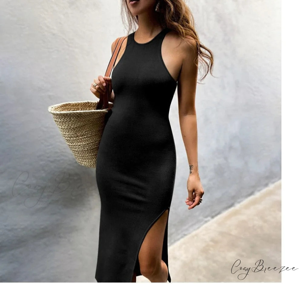 Simple And Sexy Charming High-Slit Midi Dress BLACK / S